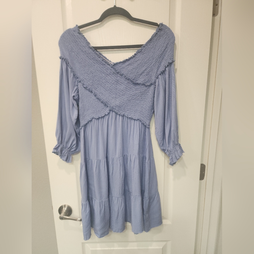 Blue Smocked Dress with 3/4 Sleeves